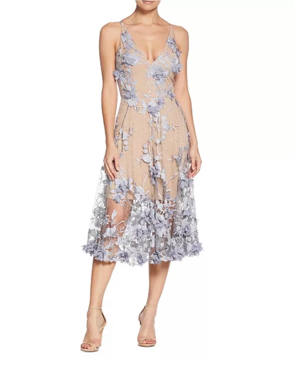 Dress the Population - Lace Appliqué Midi Dress, Soft Blue and Nude. Brand New!!